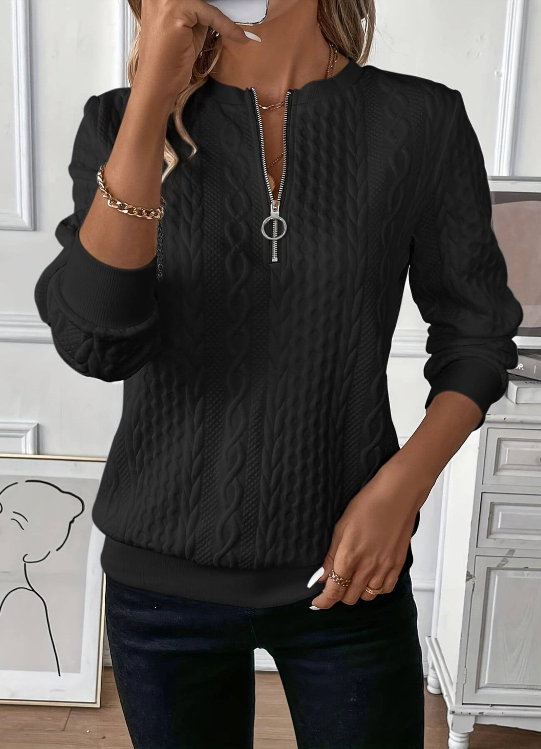 Elizabeth - Comfortable Textured Half Zip Sweater