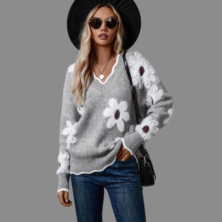 Ellie - Comfortable Floral V-Neck Sweater