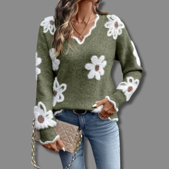 Ellie - Comfortable Floral V-Neck Sweater
