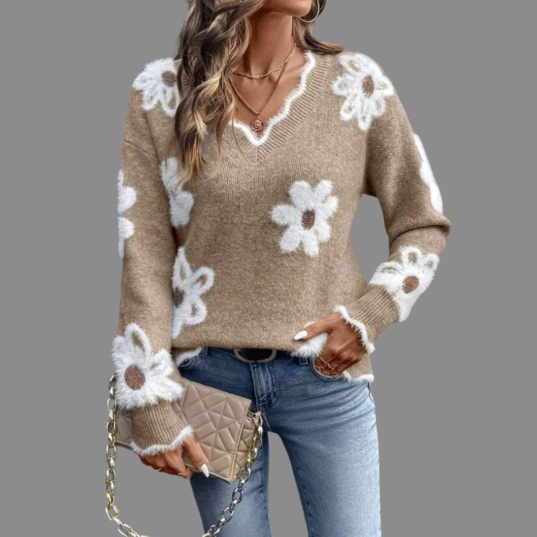 Ellie - Comfortable Floral V-Neck Sweater