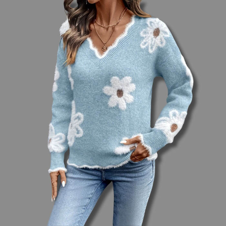 Ellie - Comfortable Floral V-Neck Sweater