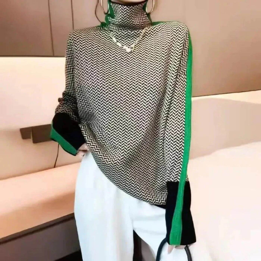 Isabella - Stylish Herringbone Pattern Turtleneck Sweater
