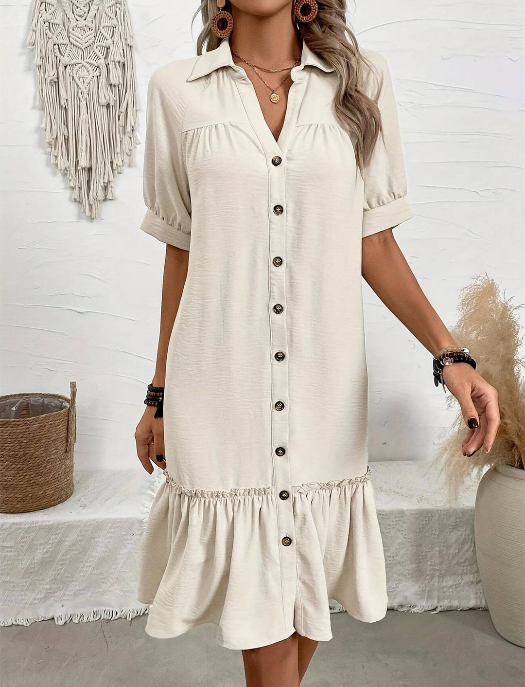Jessica – Comfortable Button Down Ruffle Hem Dress