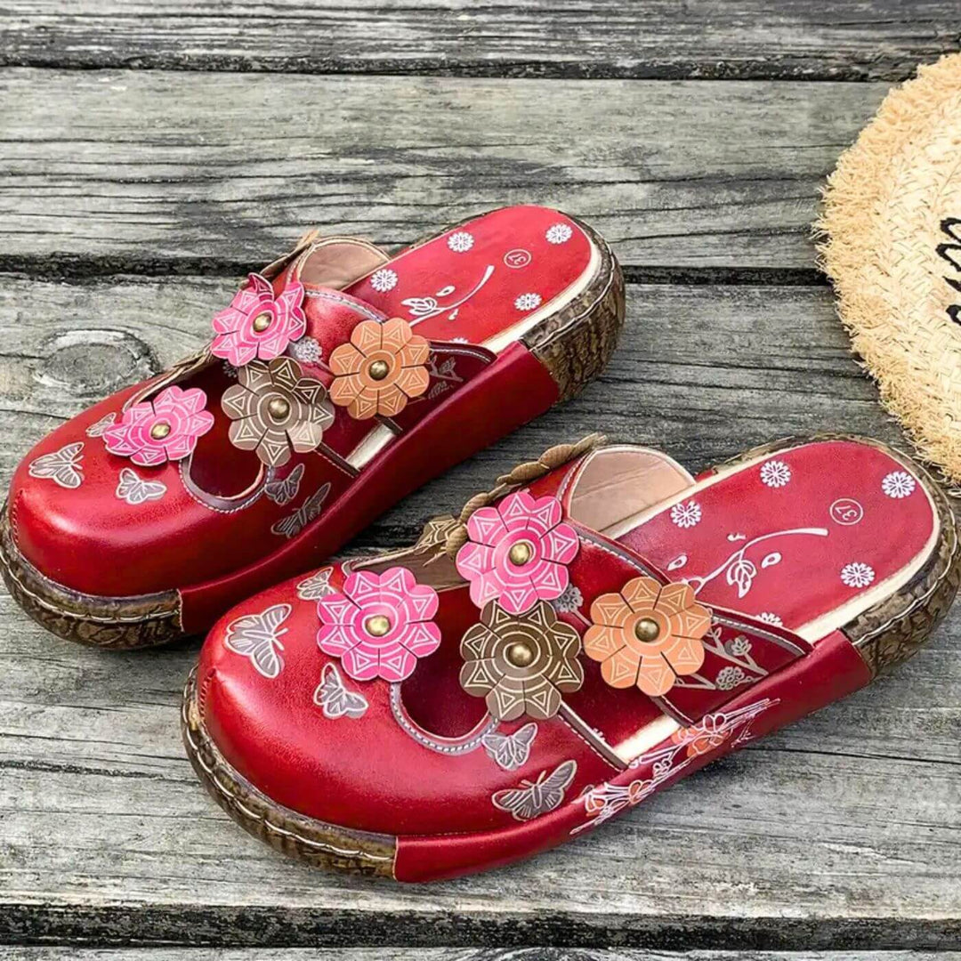 Scarlett – Vintage Red Blossom Sandals